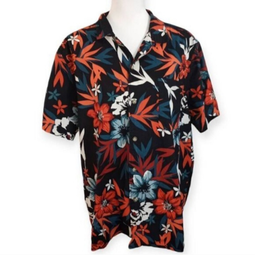 GOODFELLOW & CO BLACK & ORANGE FLORAL HAWAIIAN SHIRT SZ. XL EUC.